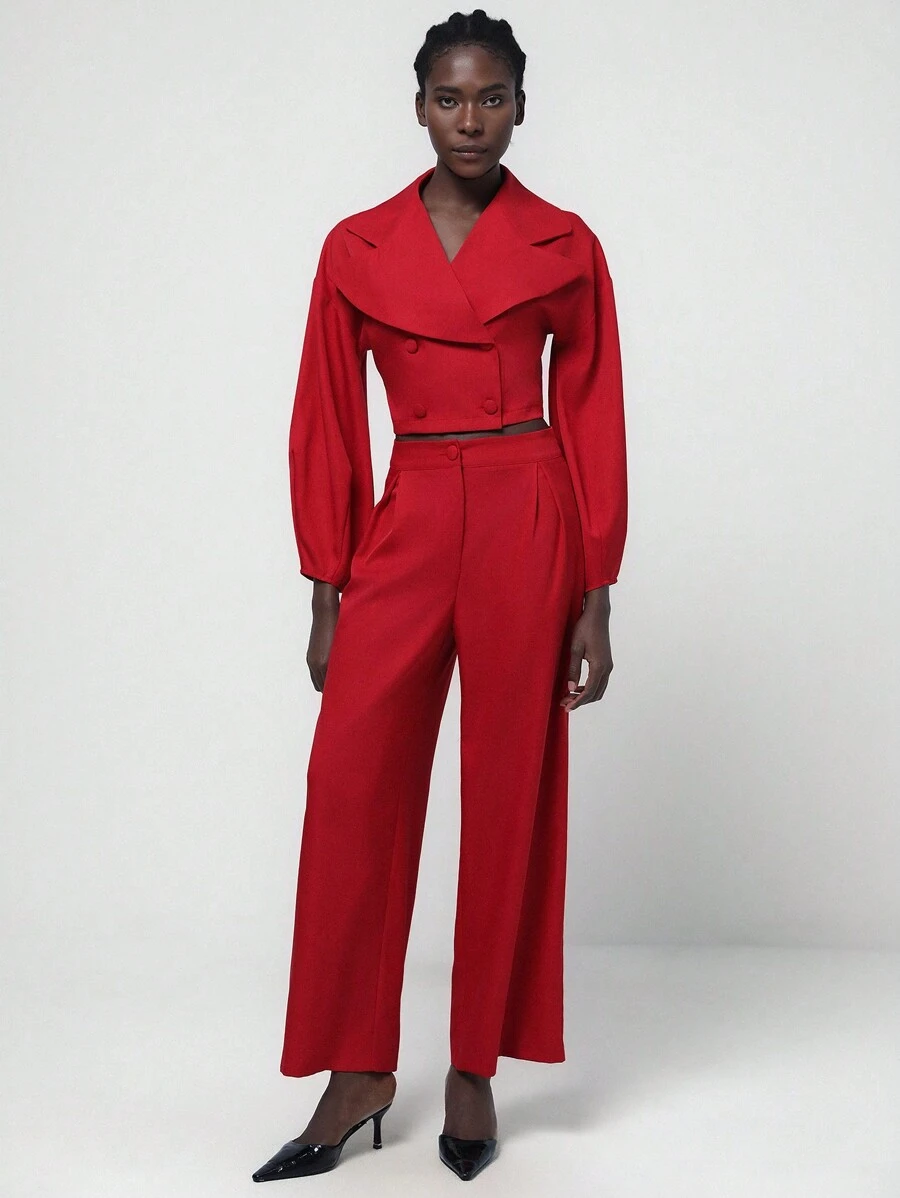 Lumivelle Women's Red Stand Collar Lantern Sleeve Suit Set - Red - View 1