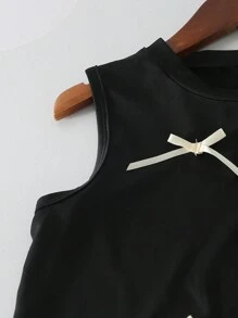 少女可爱圆领无袖3D蝴蝶结刺绣花卉蕾丝上衣搭配松紧腰花卉拼接阔腿裤套装，夏季 - 黑色 - 查看 6