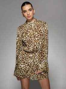 MISSGUIDED Elegant Leopard Print Romper Playsuit Short Jumpsuit With Long Sleeves Mock Neck Party Club Evening Special Occasion Spring Summer Fall - Multicolor - View 6