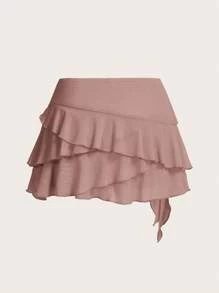 SHEIN ICON Women's Multi-Layer Ruffle Trim Low Rise Y2K Mini Black Skirt - Dusty Pink - View 2