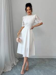Elenzga Contrast Lace Elegant Pleated Bubble Sleeve Fitted Waist White Mini Dress - White - View 5