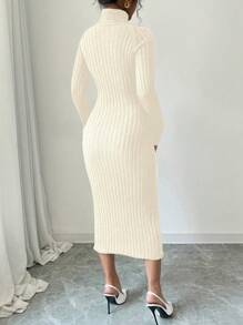SHEIN Unity High Neck Fitted Knit Sweater Dress, Casual Solid Color, Autumn/Winter - Apricot - View 2