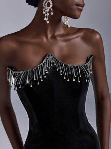 Elitara Elegant Luxurious Black Velvet Crystal Tassel Decor Bodycon Mermaid Maxi Dress, Wedding Guest Dress, Suitable For Evening Party, Gala, Single Party And Various Occasions, Formal Dress,Gown