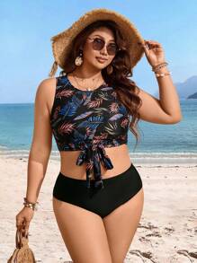 Swim Lushoire Plus Size 2 Pieces Tropical Leaf Random Print Round Neck Sleeveless Bowknot Crop Top & High Waist Solid Color Breif Tankini Set, For Summer Vacation - Black - View 7