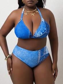 SHEIN Swim Curve 1Set Plus Size Women 3pcs Halter 3-Tier Cup Split Style Denim Effect Print Slim Sexy Tankini, Backless Swimwear For Summer Beach Vacation - Multicolor - View 5
