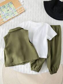 SHEIN 3pcs Baby Kids Letter Print Knit Soft Round Neck Tee Shirt, Elastic Waist Pants And Sleeveless Vest Set
