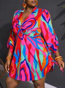 Slaydiva Plus Size Women Casual All-Over Print Twist Side Drawstring Dress, Suitable For Beach, Boho, Music Festival, Rave, Easter, Old Money Style, Country Concert, Going Out, Fairycore, Tropical Vacation - Multicolor - View 5