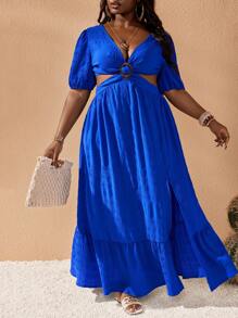 Slaydiva 2025 优雅休闲纯蓝色系带大码迷你连衣裙