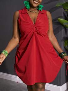 Slaydiva Elegant & Casual & Commuting & Party & Date Sexy Fitted Solid Rust Red Sleeveless Plunging Shirred Twist Side Drawstring Waist Women Plus Size Mini Shirt Dress