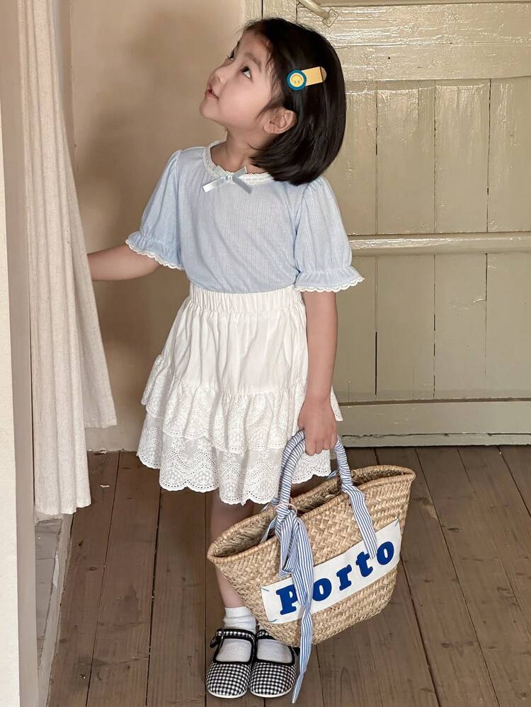 2pcs/Set Girls Young Girl Round Neck Knit Short Sleeve Top And Skirt, Fall Outfit (Size: Small)