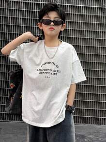 Dazy Kids 青少年男孩标语印花宽松落肩 T 恤，返校服 - 灰色 - 查看 5