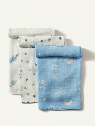 Cozy Pixies 3pcs/Set Oeko-Tex Certified Baby Swaddle Blankets, Star Space Blue, Lightweight & Soft, Suitable For Spring/Summer