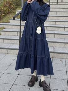 FRIFUL Vestido Denim Longo Casual Multicamadas Feminino, Roupas de Outono - Lavagem escura - Visão 1