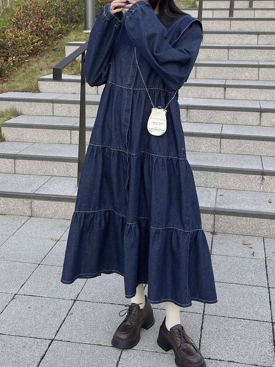 FRIFUL Vestido Denim Longo Casual Multicamadas Feminino, Roupas de Outono - Lavagem escura - Visão 1