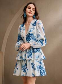 Anewsta Women's Deep V-Neck Puff Sleeve Ruffle Trim Vacation Mini Dress - Blue - View 7