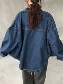 FRIFUL 女士宽松牛仔拼接衬衫，藏蓝色，春季牛仔外套，秋季女装长袖