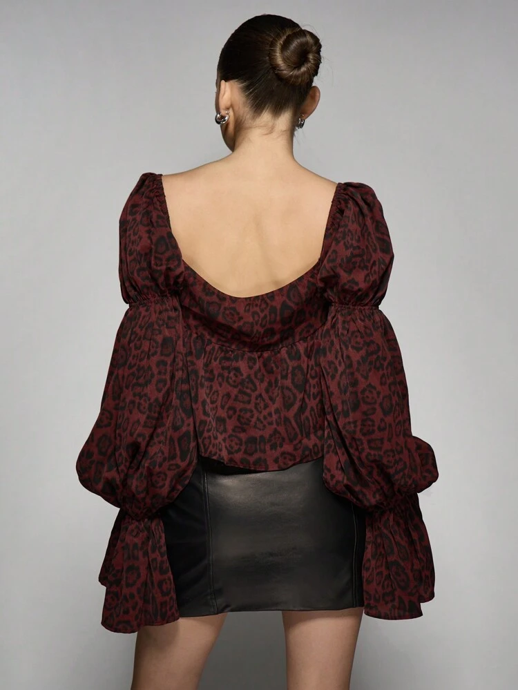 MISSGUIDED Luksusowa bluzka z bufiastymi rękawami w stylu gorsetu, zwierzęcy wzór, kwadratowy dekolt, impreza, wieczór, randka, jesień, zima, wyrazisty top