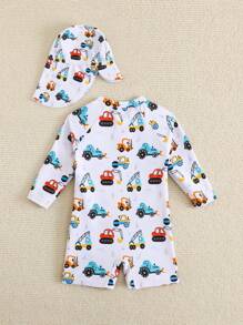 Newborn Cartoon Car Print Long Sleeve One Piece Swimsuit With Hat