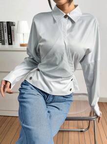 SHEIN LUNE 女士优雅休闲长袖衬衫，垂肩，斜襟，纽扣领，袖口拼接，侧边下摆纽扣 - 彩色 - 查看 6