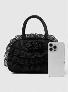ROMWE Goth Solid Color Lace Patchwork Fashion Black Handbag, Suitable For Commuting And Travel - Black - View 3