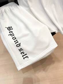 SHEIN 2 sztuki/zestaw nastoletnich chłopców, casualowe spodenki z krótkim rękawem, styl uliczny punk rock, odpowiednie do codziennego noszenia, na imprezy, festiwale muzyczne - wiosna/lato, kolor biały z nadrukiem angielskiej róży na walentynki