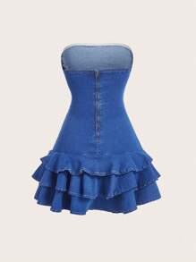 SHEIN MOD 女士褶饰蝴蝶结多层荷叶边牛仔吊带连衣裙 - 中等水洗藍 - 查看 2