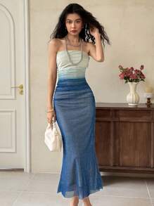 EastFlair 女士渐变色褶饰紧身长裙