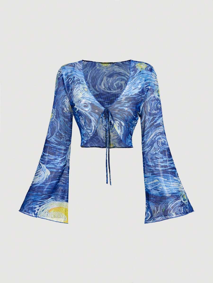 SHEIN MOD Women's Navy Blue Tie-Front Blouse, Flared Sleeve Layered Top With Van Gogh Starry Night Painting Print,Crop Tops