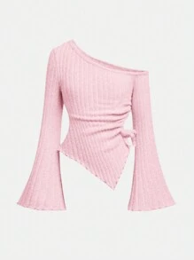 SHEIN 青少年女孩抽绳不对称下摆喇叭袖 T 恤，露肩 T 恤，舒适 T 恤 - 淺粉色 - 查看 5