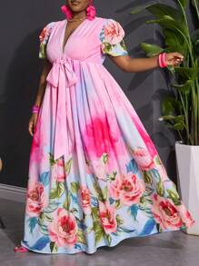 Slaydiva Plus Size Women's V-Neck Twist Knot Puff Sleeve Tie Belt Floral Print A-Line Dress, Vacation & Romantic & Formal & Elegant, Spring/Summer,Beach Dress Sundress,Holiday Outfits Boho - Multicolor - View 9
