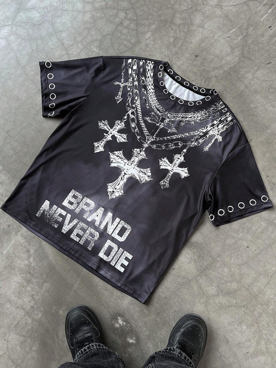 Manfinity EMRG Collar de cruz de hombre y camiseta gráfica de manga corta con estampado de letras