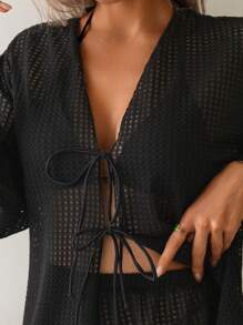 2pcs Women's Holiday Textured Fabric Bowknot Swimsuit Cover Up Set Summer
