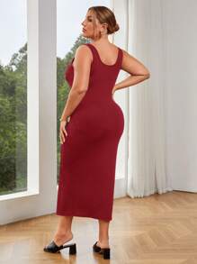SHEIN Essnce Women Plus Size Square Neck Button Decor Front Slit Striped Textured Cami Dress, Black - Burgundy - View 2