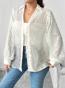 Flirla Plus Size Casual Solid Color Cut-Out Lantern Sleeve Blouse, Autumn Women Shirt - Apricot - View 5