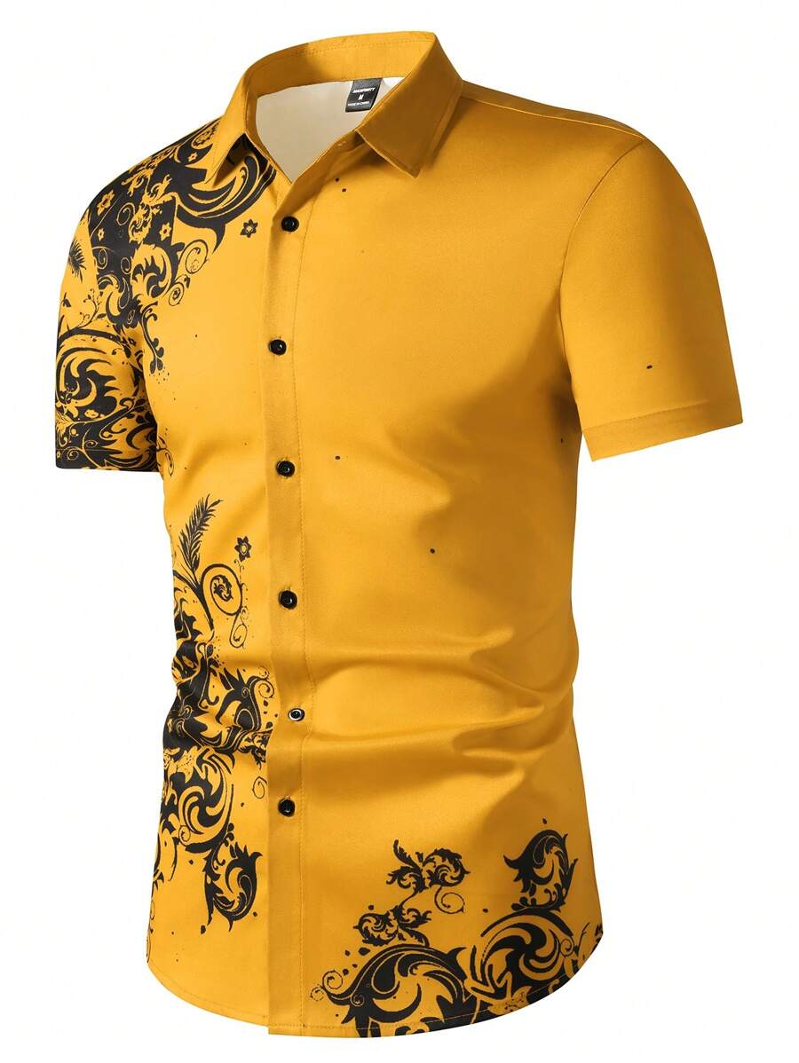 Manfinity Homme Men's Casual Retro Print Short Sleeve Button-Down Shirt (Abstract Floral Print) - Yellow - View 1
