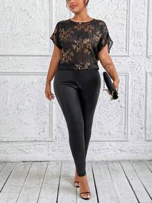 SHEIN Clasi Plus Size Women's Round Neck Raglan Sleeve Jacquard Foil Printed Blouse For Summer - Multicolor - View 5