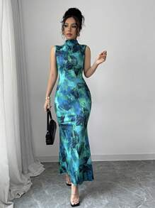 Elenzga Tie-Dye Flower Print Sleeveless Dress - Green - View 5