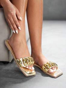 CUCCOO GRLICON Women's Flat Sandals, Y2K Style, Punk Rock, Biker, Cool Girl, Suitable For Halloween, Christmas, Party - Gold - View 3