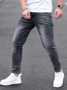 Manfinity Homme Men's Casual Denim Skinny Jeans, Simple Fashion Daily Wear - Light Grey - View 4