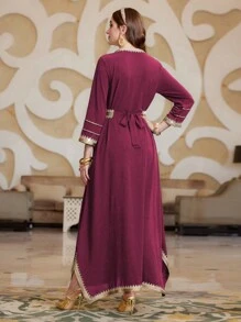 Layrah Women's Long Sleeve Arabic Traditional Decorated Dress Kaftan Jalabiya Dress - Rose Red - View 2