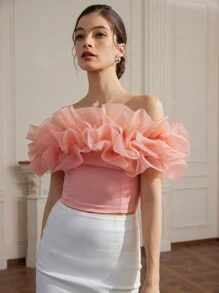 Chiquease Áo crop top hở vai Organza lãng mạn dành cho nữ, vải dệt kim, phù hợp cho mùa xuân/hè ngày lễ tình nhân - Hồng - Xem 7