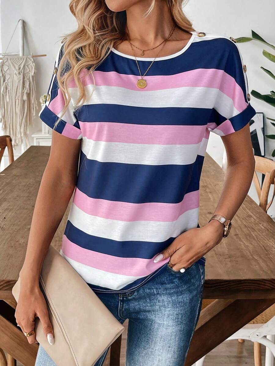 EMERY ROSE Women's Round Neck Patchwork Striped Print Raglan Short Sleeve Button Decor Loose T-Shirt - Multicolor - View 1