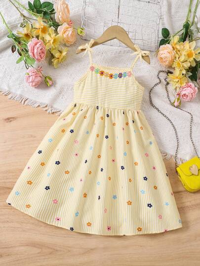 Young Girl Vacation Casual Striped Ditsy Floral Camisole Dress