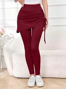 Mulvari 女士纯色高腰侧抽绳二合一紧身裤 - 酒紅色 - 查看 3