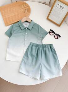 SHEIN Leap Crew 2pcs/Set Young Boy Gradient Short Sleeve T-Shirt And Shorts Set - Mint Green - View 7