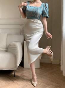 DAZY Vestido de mujer hasta la pantorrilla con escote cuadrado y mangas abullonadas en bloques de color, vestido de graduación - Azul - Ver 5