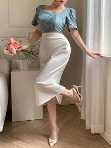 DAZY Vestido de mujer hasta la pantorrilla con escote cuadrado y mangas abullonadas en bloques de color, vestido de graduación - Azul - Ver 8