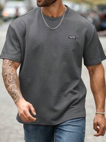 Manfinity Homme 男士加大码纯色短袖 T 恤，简约时尚休闲日常穿着 - 深灰色 - 查看 4