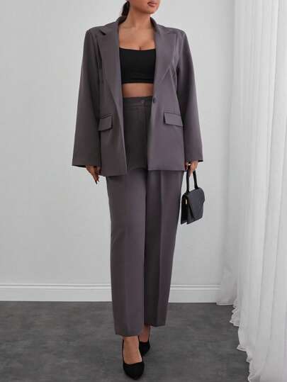 SHEIN Cottnline Women Business Formal Minimalist Solid Color Lapel Collar Flap Detail Blazer And Seam Front Suit Pants Set