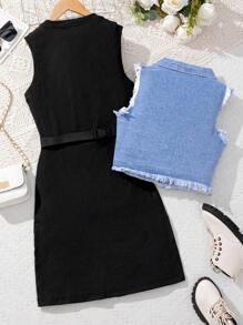 Teen Girl Distressed Denim Sleeveless Top + Black Dress 2 Pieces Set